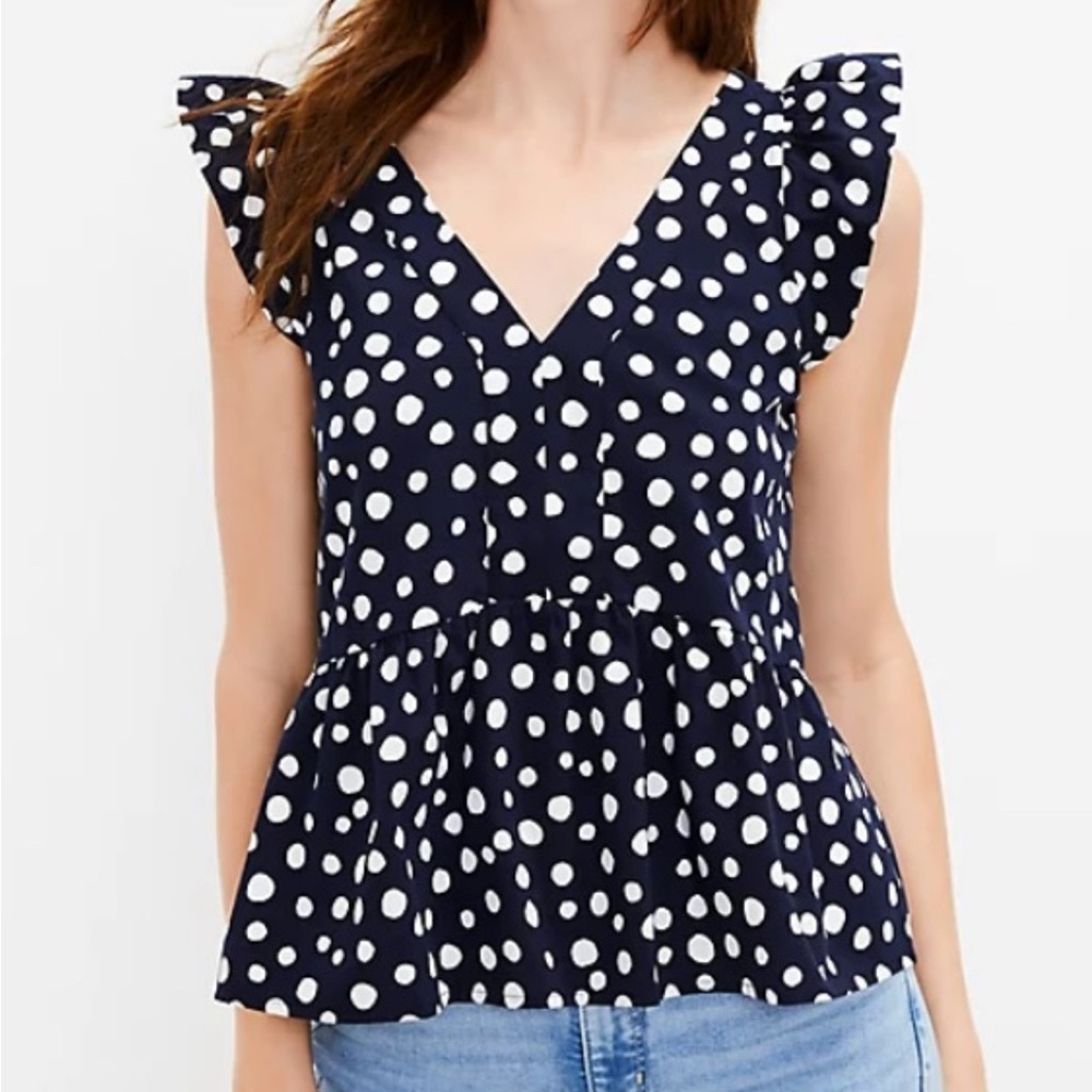 LOFT Navy Polka Dot Ruffle Sleeve Top